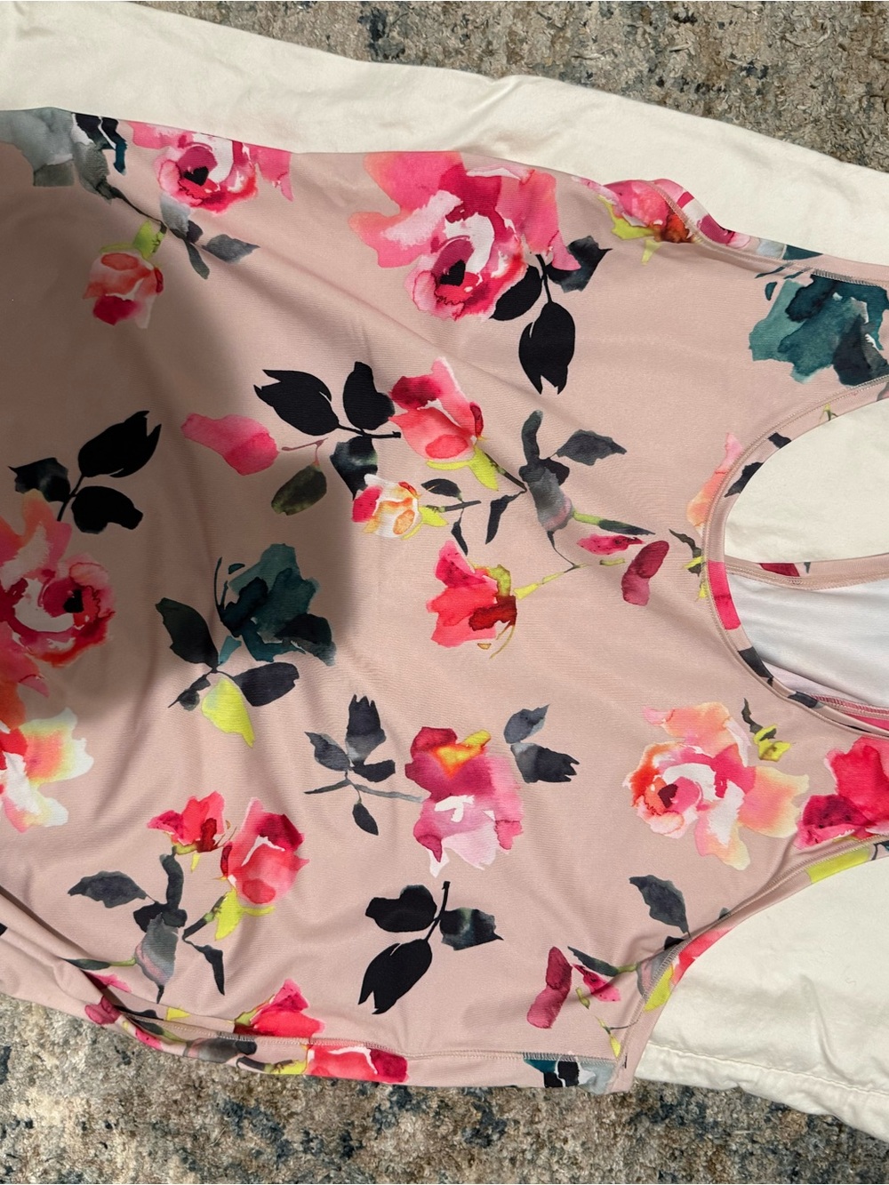Athleta Blush Floral Scoop Tank Bodysuit - Pink & Black Accents